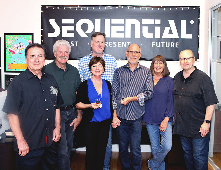 From Sequential.com: Some of the original Sequential Circuits team. From left to right: David Sesnak, Scott Peterson, Denise Smith, Andrew McGowan, Dave Smith, Barbara Fairhurst, and John Bowen.