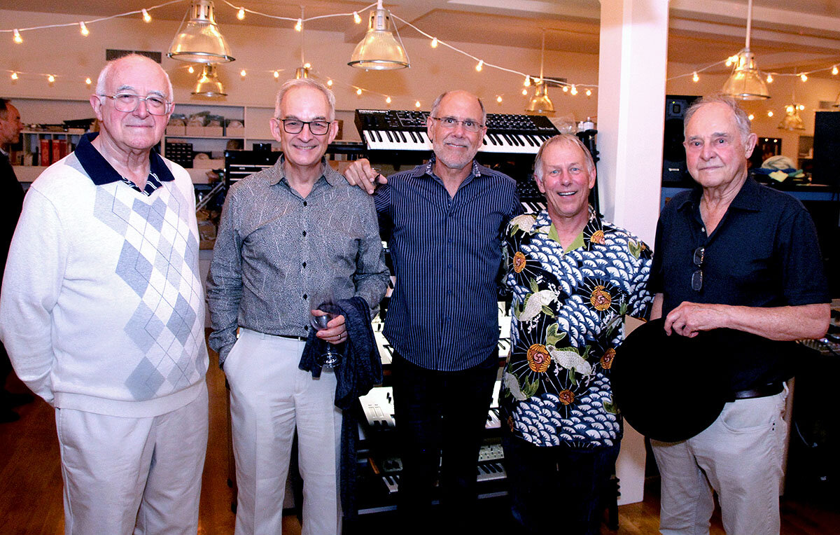 From Sequential.com: Luminaries attending the Prophet-5 40th Anniversary party. From left to right: Tom Oberheim, Roger Linn, Dave Smith, Dave Rossum, and John Chowning.